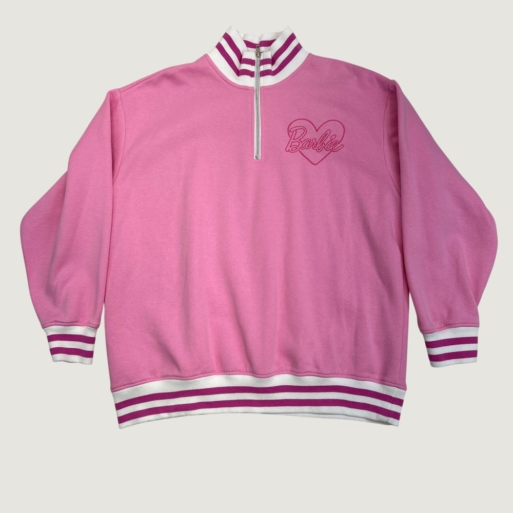 Barbie Womens XL Pink Quarter-Zip Sweatshirt Embroidered Heart Varsity Stripe